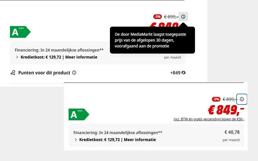 De afbeelding toont productprijzen en financieringsopties op een witte achtergrond, inclusief een A+++ energielabel.