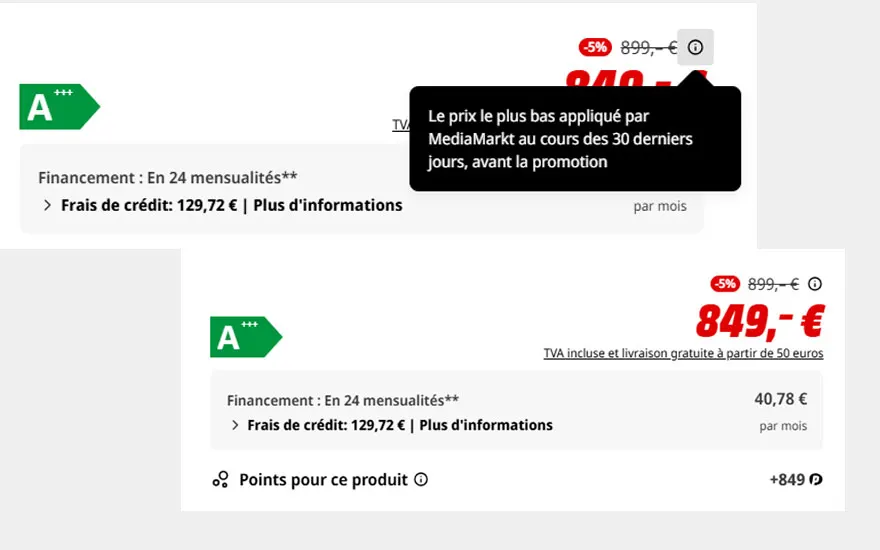 Informations sur prix et financement. Prix réduit à 849€, TVA incluse. Financement possible en 24 mensualités.