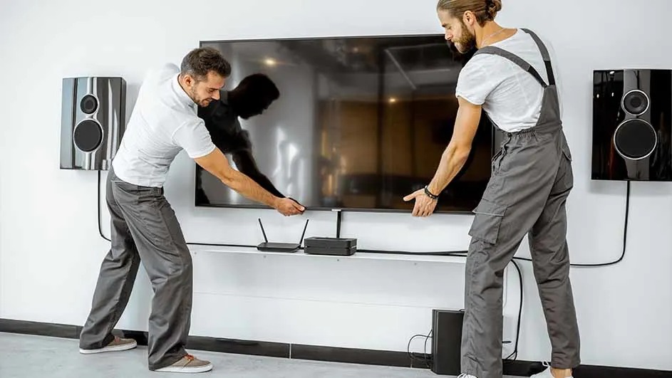 Two workers install a flat-screen TV on a white wall with speakers, a shelf, and electronic devices.