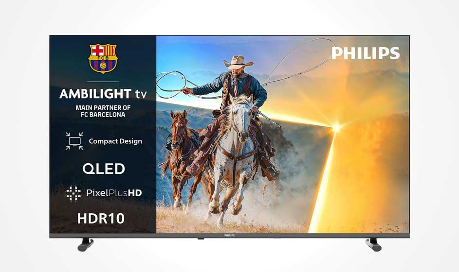Een Philips Ambilight QLED-tv staat op pootjes, met ruiters op het scherm en labels voor FC Barcelona, PixelPlusHD en HDR10.