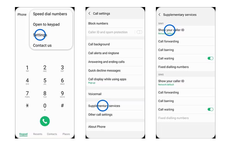 Drie schermen van een telefoon met menu's voor instellingen, oproepen en nummerweergave.
