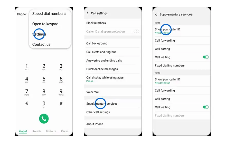 Drie schermen van een telefoon met menu's voor instellingen, oproepen en nummerweergave.