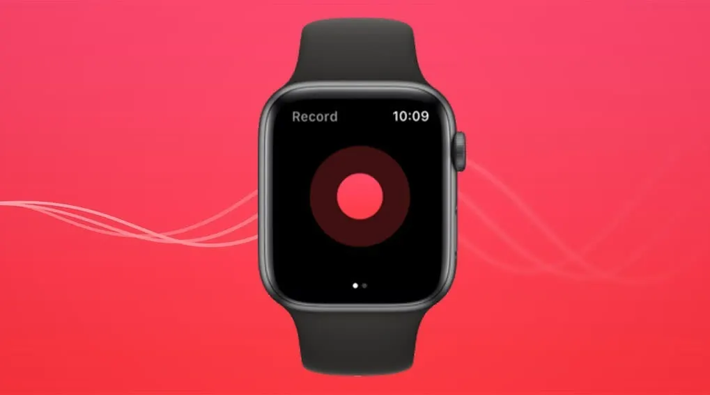 Une montre noire affiche "Record" et "10:09" sur un écran noir avec un cercle rouge, sur fond rose avec des lignes blanches.