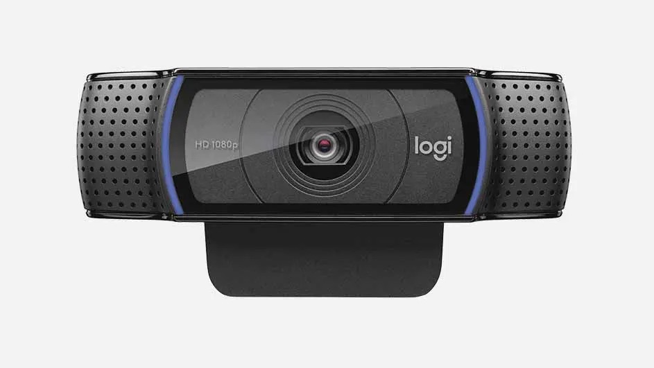 A black Logitech webcam with HD 1080p resolution and perforated sides, ideal for video calls and streaming purposes.