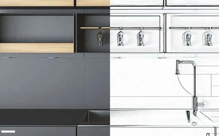 Een tweedelig beeld: links grijze kasten met houten details en rechts een witte schets van kasten en een kraan.