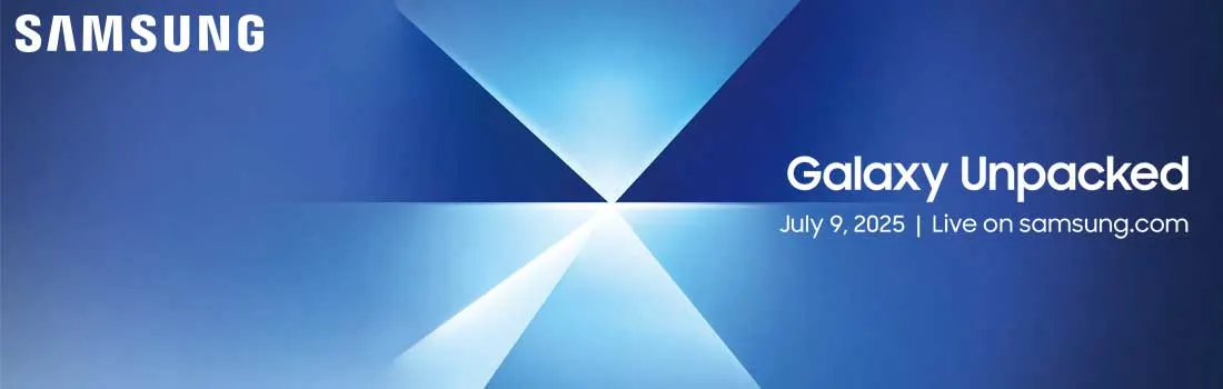 Samsung Galaxy Unpacked evenement aangekondigd voor 9 juli 2025 om 16:00 uur, live te volgen op samsung.com met blauw geometrisch design.