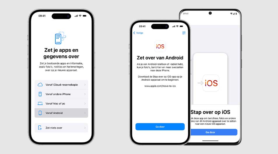 Drie telefoons tonen de iOS 'Zet over op iOS' functie. De schermen tonen opties voor gegevensoverdracht vanaf Android.
