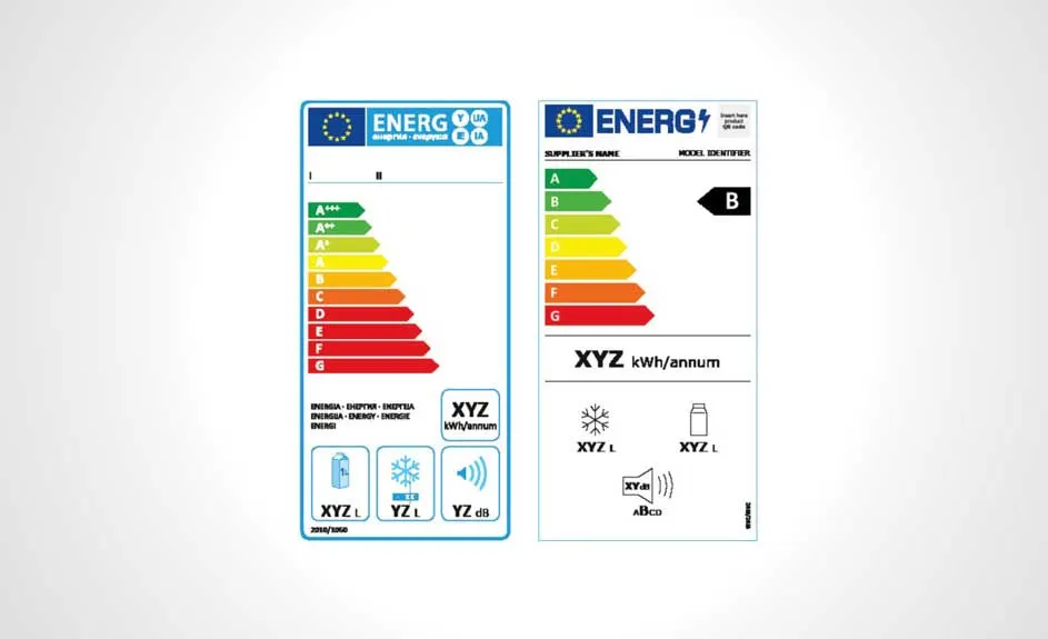 Twee energielabels naast elkaar tonen energie-efficiëntie van A tot G, met kleuren van groen naar rood.