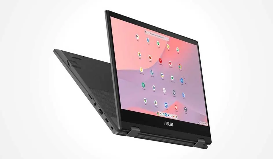 Black ASUS laptop in tent mode, large touchscreen showing colorful ChromeOS icons on soft pink background, floating on white.