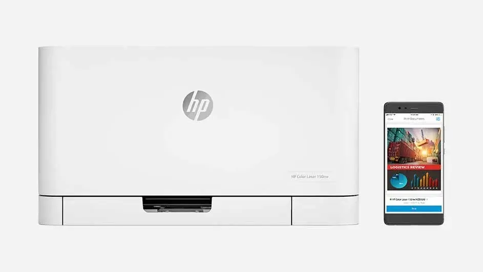 White HP Color Laser printer with smartphone beside it, showing mobile app connectivity for wireless printing and management features.