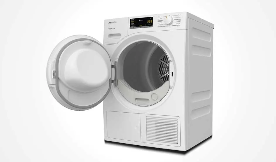 Un sèche-linge blanc Miele avec hublot rond et écran digital est posé sur fond clair, porte ouverte, la marque Miele est bien visible en haut à gauche.