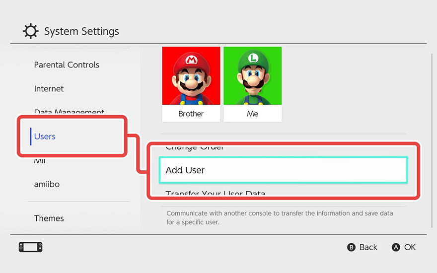 Écran Nintendo Switch affichant les paramètres système, les contrôles parentaux, Internet et les utilisateurs. L'option "Ajouter un utilisateur" est mise en évidence.