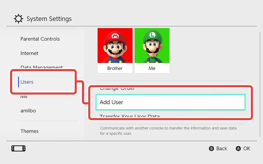 Systeeminstellingen met opties zoals 'Ouderlijk toezicht' en 'Gebruikers'. Gebruikers kunnen worden toegevoegd. Knop 'OK' rechtsonder.