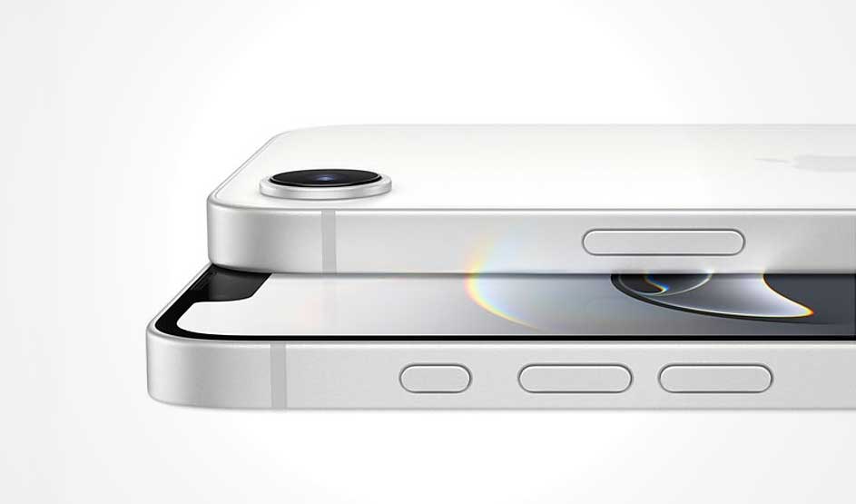 Two silver iPhones stacked showing side profile with camera lens, buttons, and rainbow light reflection on screen.