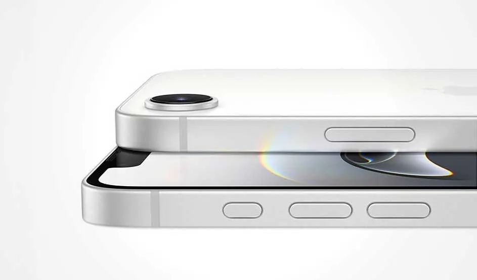 Two silver iPhones stacked showing side profile with camera lens, buttons, and rainbow light reflection on screen.