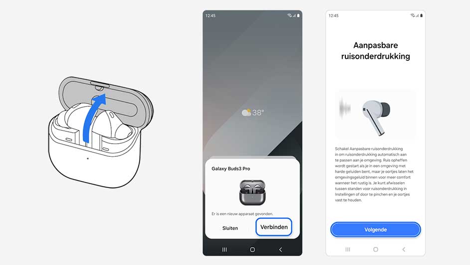 Een afbeelding van een telefooninterface met schermen voor het verbinden van Galaxy Buds3 Pro en het aanpassen van ruisonderdrukking.