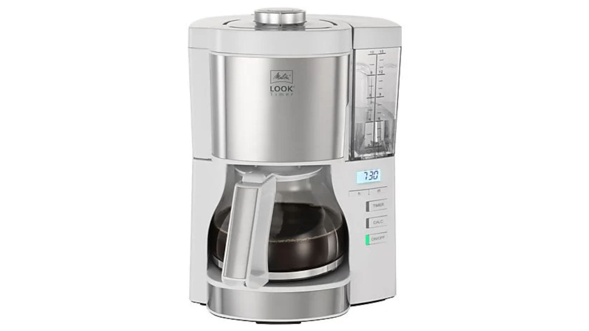 A white Melitta coffee maker with a glass jug, water reservoir, display showing 7:30, and silver accents on a white background.