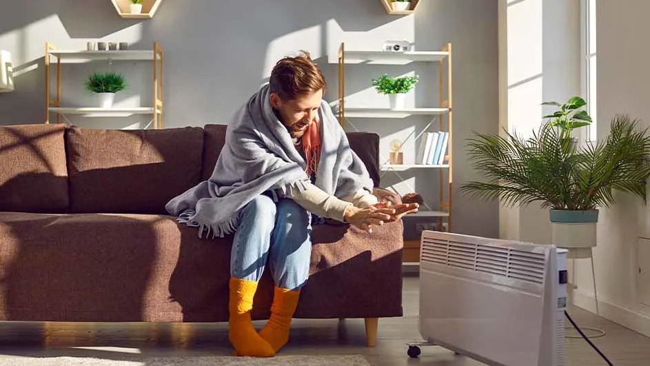 Salon lumineux avec canapé marron, radiateur blanc, et étagères décoratives. Lumière naturelle vive.