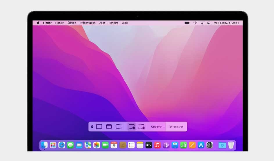 An Apple Mac desktop with a pink-purple wallpaper. The screenshot and screen recording toolbar floats above the Dock with Options and Record.