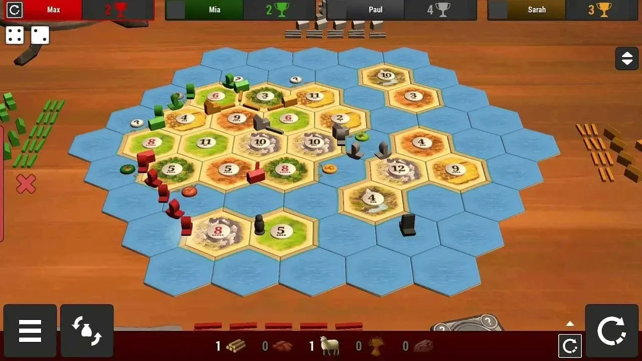 Een bordspel met zeshoekige tegels in blauw, geel en groen op een houten tafel. Pionnen en getallen zijn zichtbaar.