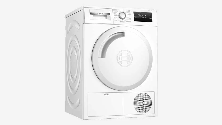 Sèche-linge blanc avec porte ronde, écran et panneau de commande supérieurs, et motifs circulaires sur le côté gauche.