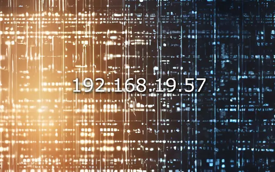 IP-adres "192.168.19.57" in witte letters op een achtergrond van blauwe en oranje lijnen.