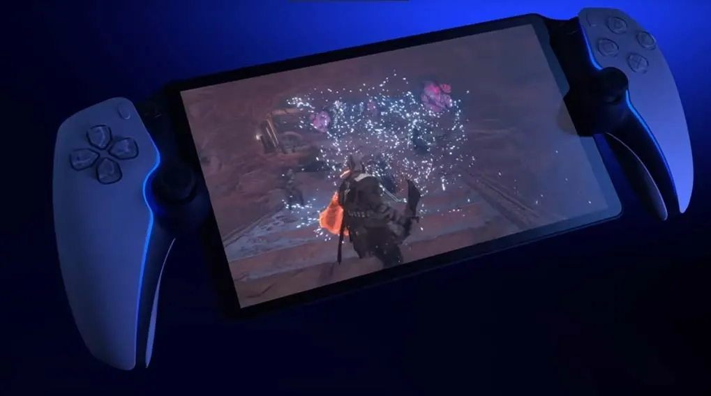 Un appareil de jeu portable avec des contrôleurs blancs de chaque côté affiche un jeu vidéo sur un écran noir. Fond bleu foncé.