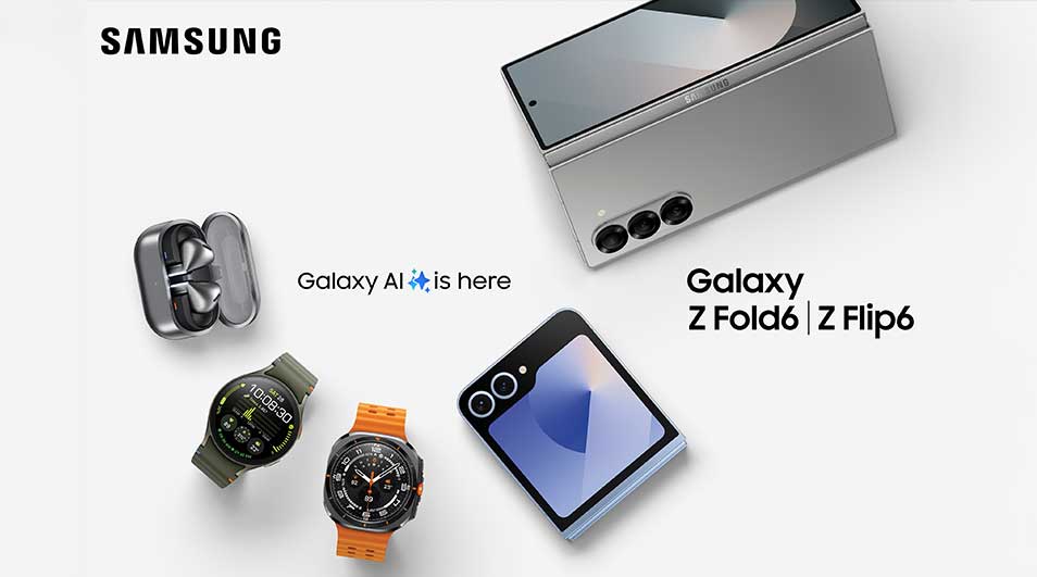 Présentation de produits Samsung : smartphone pliable, montre connectée, écouteurs sans fil et logo de la marque.