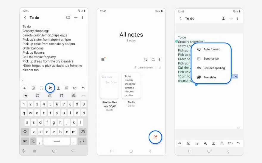 Three Galaxy screens show a notes app with a shopping to do list, an all notes overview and AI tools for auto format, summary, spelling and translation.