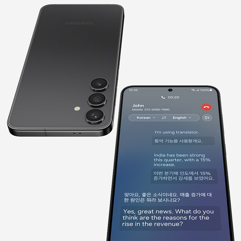 Deux smartphones gris, l'un montrant une conversation de traduction coréen-anglais.