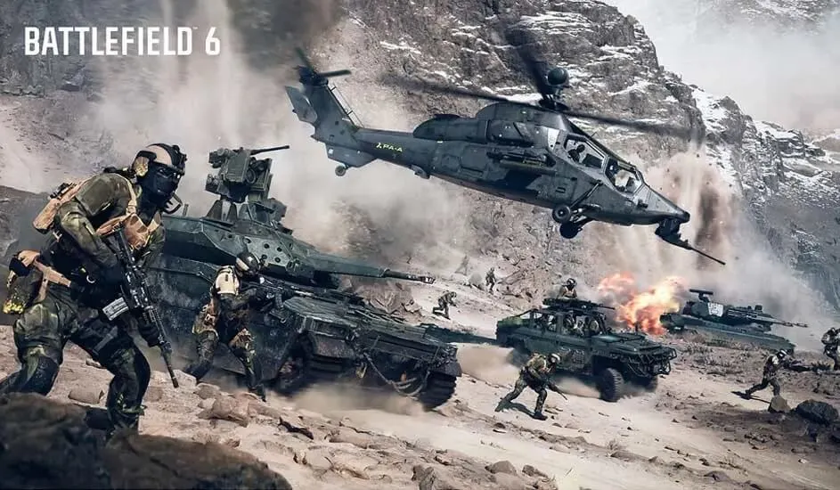 Il s’agit d’un jeu vidéo. Des soldats courent entre des chars et des jeeps dans le désert, un hélicoptère et des explosions au fond.