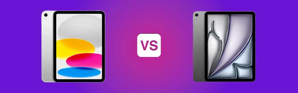 Twee iPads staan tegenover elkaar op een paarse achtergrond, met een opvallend roze “VS” ertussen en verschillende schermontwerpen.