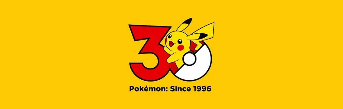 Against a yellow background, Pikachu jumps through a big red three and a white ball logo, celebrating thirty years of Pokémon.