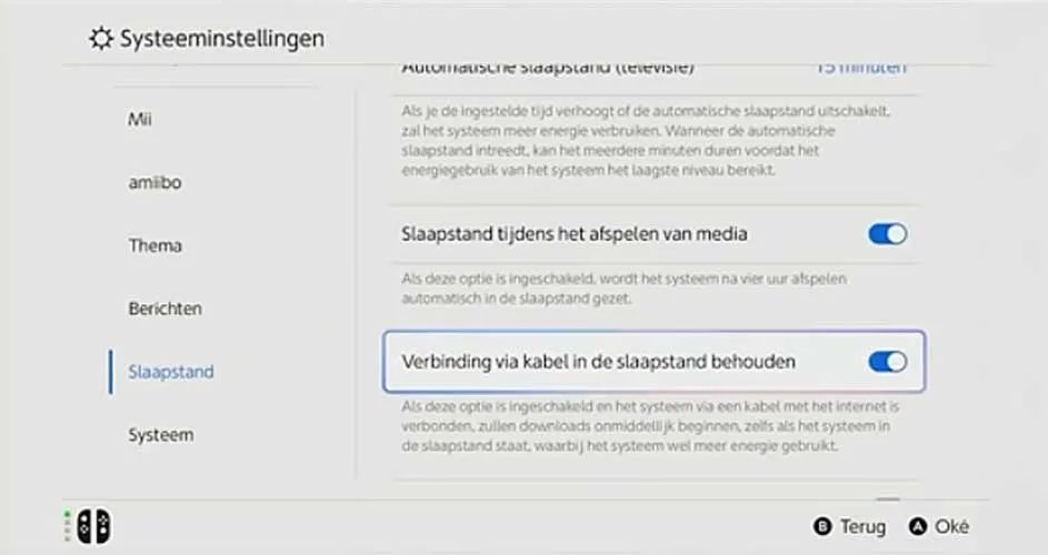 Systeeminstellingen van een Nintendo Switch, waarin energiebeheeropties voor slaapstand en bekabelde verbinding worden weergegeven.