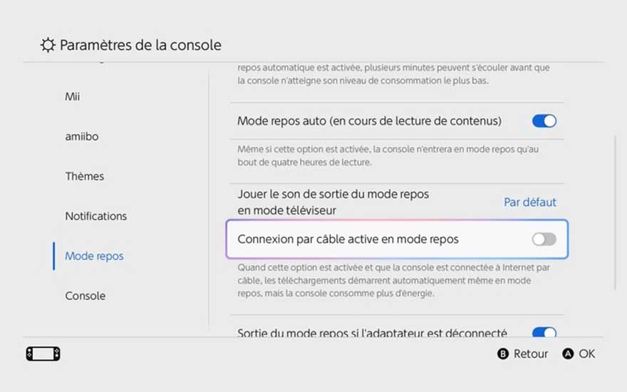 Écran des paramètres système de la Switch montrant la gestion d’énergie, dont veille et maintien de connexion filaire.