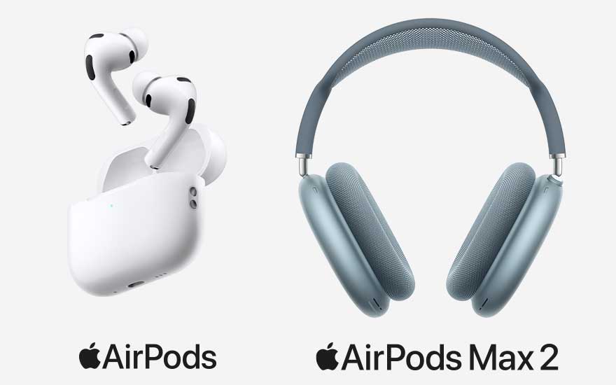Visuel montrant à gauche des Apple AirPods blancs avec boîtier de charge et à droite un casque bleu Apple AirPods Max 2 sur fond clair.