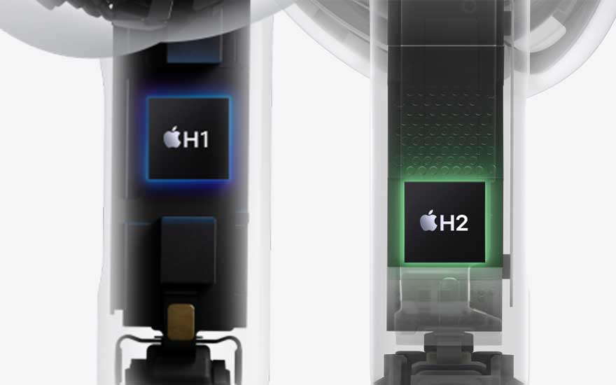 A close-up cutaway of two headbands reveals dark electronic modules labelled Apple H1 and H2 chips, set tegen een heldere neutrale achtergrond.
