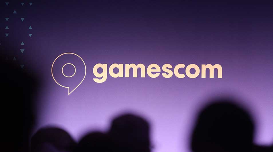 Een groot gamescom-logo op een paarse achtergrond, symbool van het internationale evenement voor de gaming-industrie.