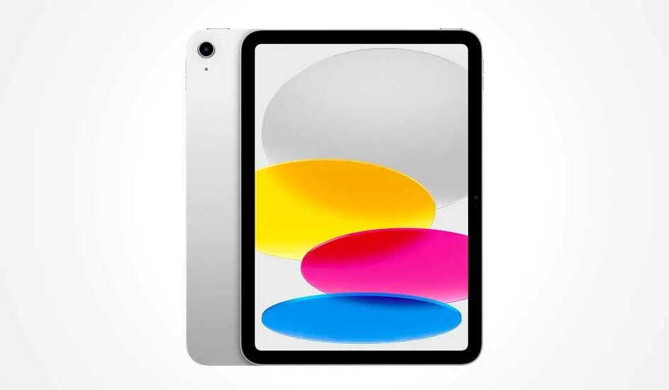 Une tablette argentée à bord noir affiche des ovales gris, jaune, rose et bleu sur l’écran, avec un design épuré et moderne.