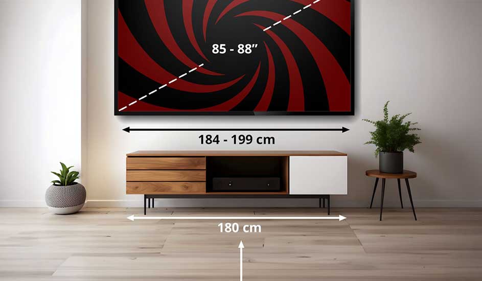 A large TV (85-88 inch) is wall-mounted above a modern wooden and white cabinet, with plants on both sides in a minimal room.