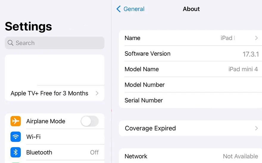 iPad instellingenscherm toont "Over" sectie met apparaatinfo: iPad mini 4, iOS 17.3.1, plus vliegtuigmodus, Wi-Fi en Bluetooth opties.