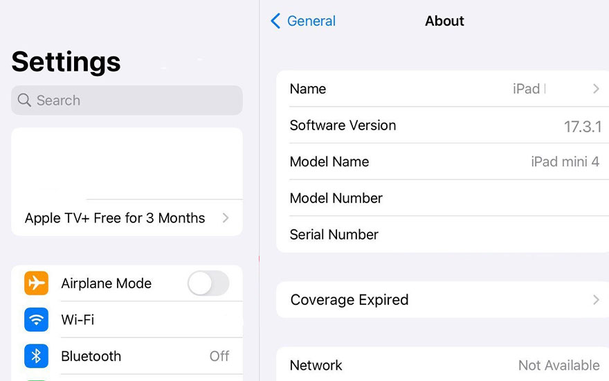 iPad settings screen showing "About" section with device info: iPad mini 4, iOS 17.3.1, plus aeroplane mode, Wi-Fi and Bluetooth options.