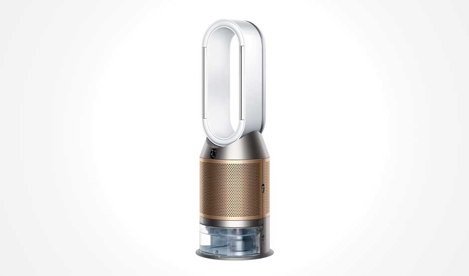 Slim Dyson air purifier with oval loop, gold perforated body and clear water tank, standing alone against clean white background.