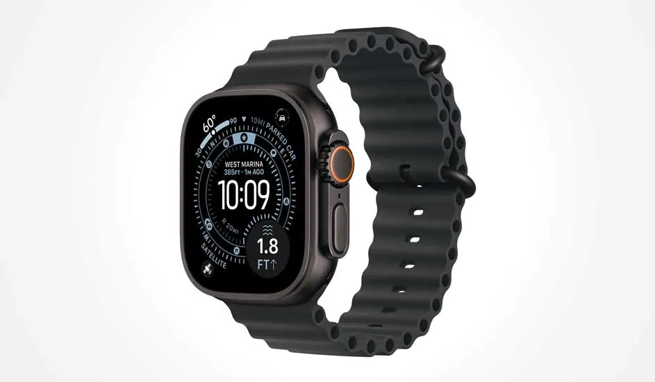 Une montre connectée noire au design robuste et bracelet sportif affiche l’heure, la température, l’altitude, la position et la profondeur à l’écran.