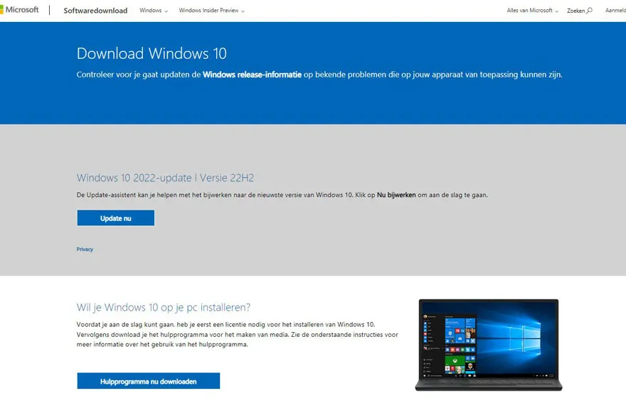 De blauw-witte Microsoft-website biedt Windows 10-downloads en updates. Een laptop met Windows 10 staat op de pagina.