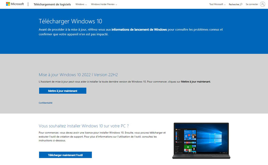Page web Microsoft pour télécharger Windows 10. Contient texte bleu et blanc, boutons cliquables et image d'un ordinateur portable.