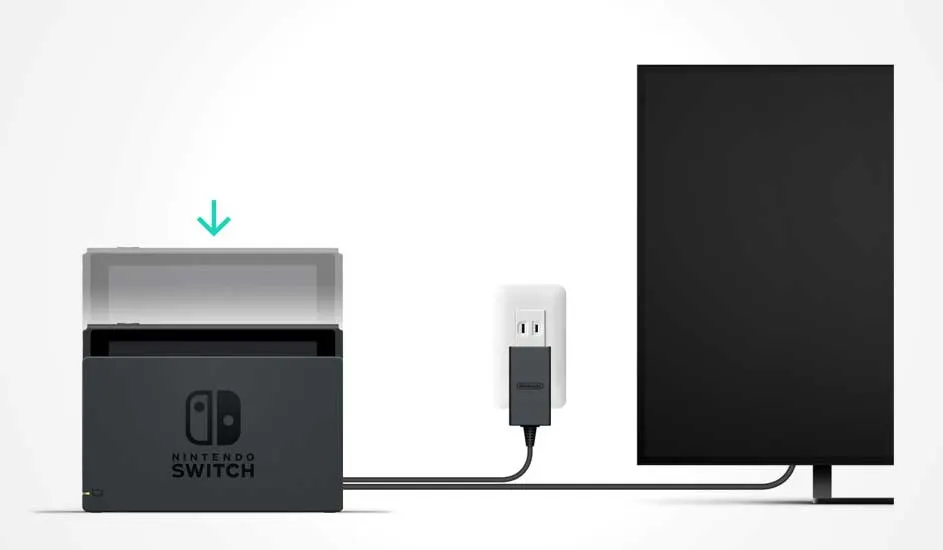 Une Nintendo Switch placée dans son dock est reliée à un adaptateur et une télévision, prête à l’usage avec des instructions claires.