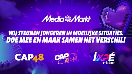 Paarse MediaMarkt-banner met de tekst: “Wij steunen jongeren in moeilijke situaties. Doe mee en maak samen het verschil!” Onderaan staan de logo’s van CAP48 en XPÉ RTBF.