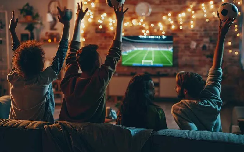 Vier mensen zitten op een bank voor een tv. De tv toont een voetbalwedstrijd. Sommigen houden hun armen omhoog en een voetbal vast. Aan de muur hangen lichtjes.