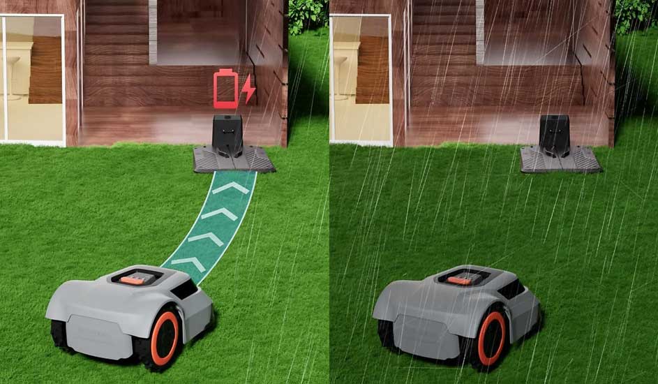 Een Worx robotmaaier rijdt naar het laadstation met lege batterij; op de andere helft maait hij in de regen verder.
